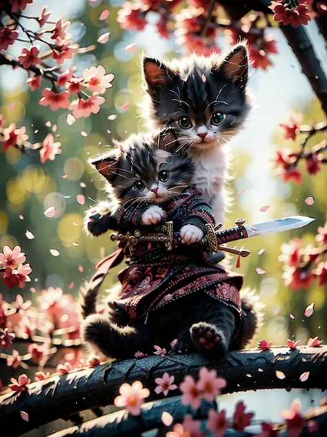 Best quality, masterpiece, ultra high res, raw photo, beautiful and aesthetic,deep shadow, dark theme,(photorealistic:1.4),
White kitten, Hanfu, Chinese calligraphy, chinese clothes, holding weapon, holding sword, sakura,
Graceful poise, evocative atmosphe...