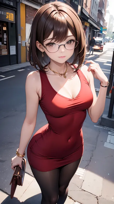 beautiful woman with short straight brown hair with brown eyes wearing a red mock neck cut out tight and short dress, sexy criss...