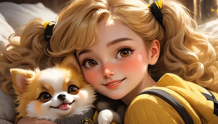 best quality, Masterpiece, Hogwarts students, Hufflepuff, Short hair with high twin tails, Short hair with golden blonde twin tails.,Beautiful  sleeps,Along with her adorable Pomeranian puppy., cute and bright,smile, Freckles on the face, brown eyes detail...