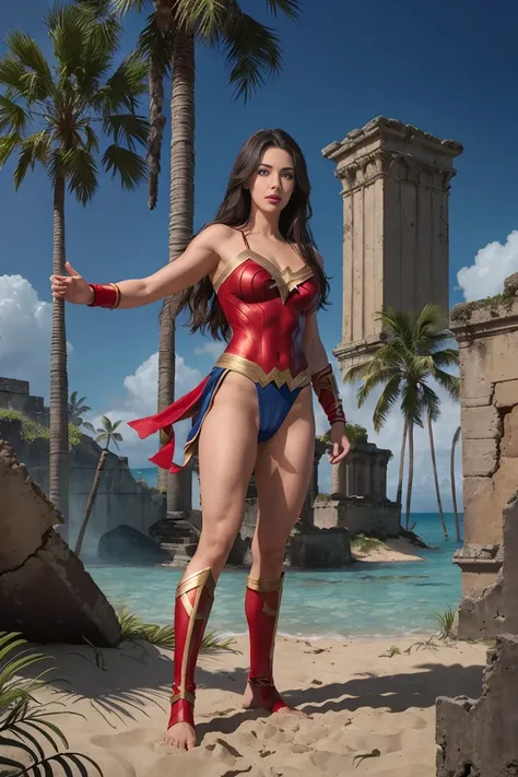 full body sexy beauty muscular 16 years old Wonder Girl, tall muscular, black long straight hair, blue eyes, red lips, Wonder Girl costume, Wonder Girl in combat position on the beach of a tropical island, lush vegetation, palm trees, bushes, ancient ruine...