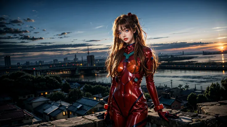 highest quality, table top, realistic, photorealistic, 1 girl, alone, looking at the viewer, whole body, Are standing, long hair, asuka costume, , plug suit, body suit, hair ornaments,  background,highest quality、Ultra - High resolution、8k、smile,perfect bo...