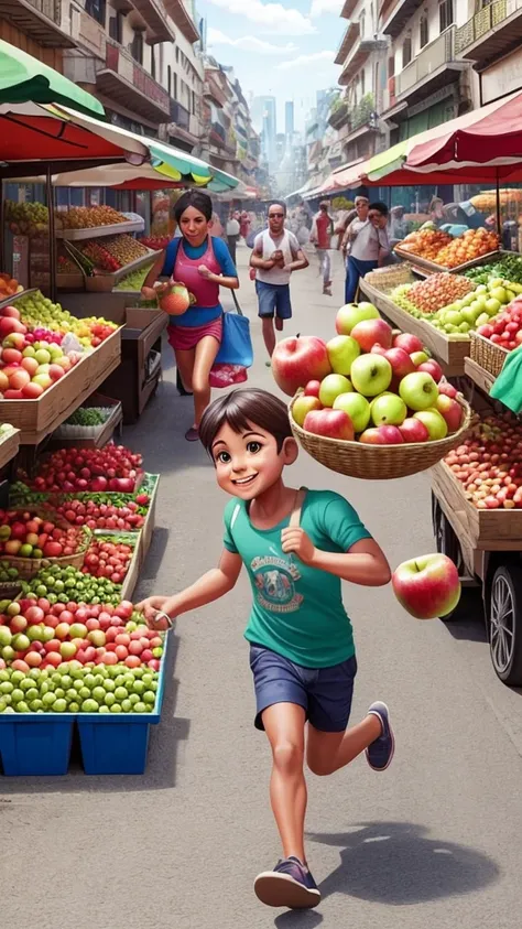 very realistic 4D caricature portrait, a busy traditional market with traders selling their wares, a cute little  is running while carrying a balloon, making the fruit seller laugh when she almost hits a pile of apples