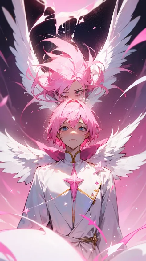 A man with pink hair, pink stars, a face of despair and crying, tall and thin, wearing a divine outfit with white divine wings.