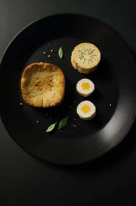 Know petis, Crispy tofu, and round tofu on an aesthetic plate with a black background