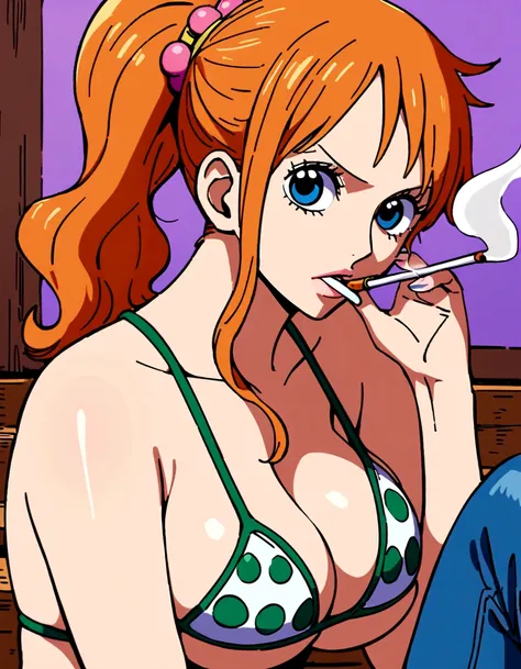 a cartoon picture of a woman in a bikini top and jeans, nami one piece, nami from one piece, nami, beautiful portrait of nami, from one piece, oppai, blue eyes, smoking, ponytail