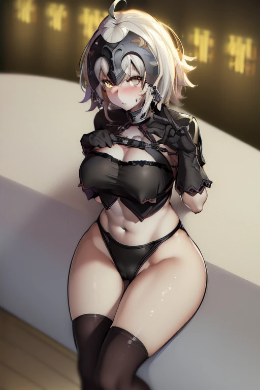 (best quality,4k,8k,highres,masterpiece:1:2), jeanne darc alter, female masturbation, blush, sweat, steam, black ripped pantyhose, medium breasts, fully nude, no clothes, hourglass figure, 