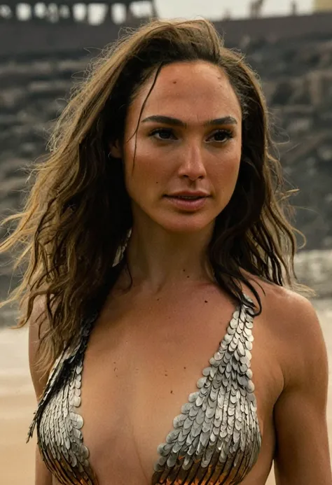  high quality  Erotic shot , ( GalGadot  (ohwx, ohwx woman)  , photorealistic   )  , nude,  extremely long  hair ,tall figure , fit muscular figure , exhausted look, warm, sunny, shiny sweaty skin, on beach, celebrity, female,  woman, hollywood actress,  f...