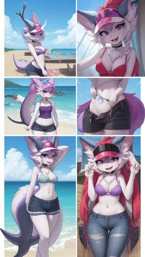 ((best quality, Masterpiece, Complete anatomy, Detailed pictures)), 1 female, arctic protogen, shark girl, Long visor, purple visor, purple eyes, sexy body, Big Pong, Chest 87, Waist 57, Thigh 86, naked, Shark tail, red red, shy, in the sea, Denim short, w...