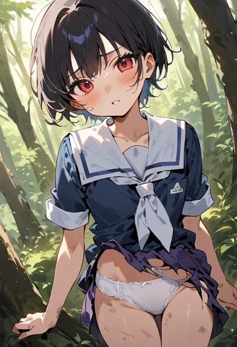 beautiful detailed girl,(masterpiece,best quality,extremely detailed:1.2),((cowboy shot:1.1)),(solo,10 years old,kawaii,slender,small breasts:1.25),(pained look:0.8),((white underwear) in ((Torn school uniform)):2),(dirty:2),blush,shy,weep,standing,(deep f...