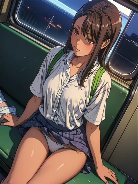 (1) Sitting alone on a long seat in a train,Sit with your legs apart,Showing white panties, Composition from the front,Low - Angle,
(2) I&#39;m a jk, She is wearing a uniform consisting of a miniskirt, sailor suit and loose socks.,
(3) I have medium length...