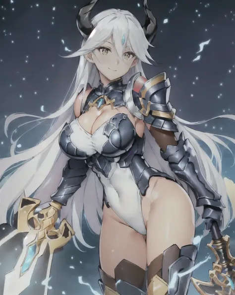 armor, leotard, shoulder armor, cleavage cutout, leotard, breastplate, gauntlet, thig high boots, detachable collar, large breasts, cleavage, long hair, white hair, orange eyes, beautiful, horn on side head, masterpiece, masterwork, super fine illustration...