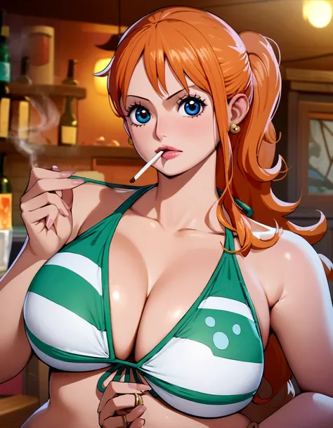 a cartoon picture of a woman in a bikini top and jeans, nami one piece, nami from one piece, nami, beautiful portrait of nami, from one piece, oppai, blue eyes, smoking, ponytail