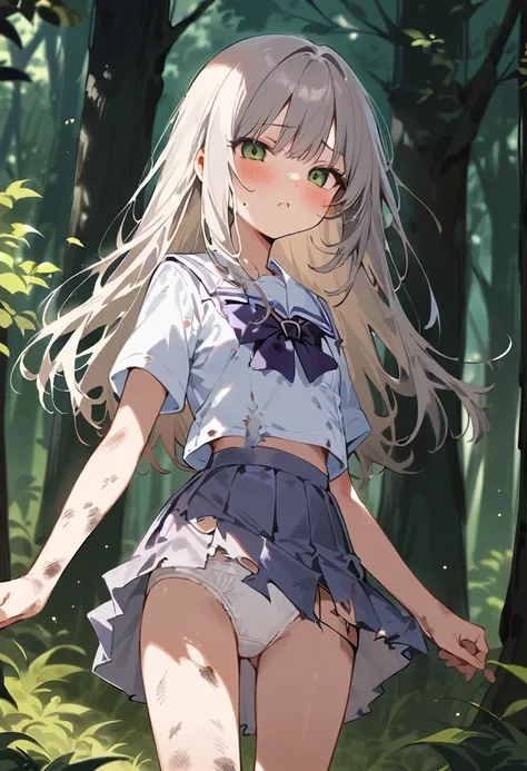 beautiful detailed girl,(masterpiece,best quality,extremely detailed:1.2),((cowboy shot:1.1)),(solo,10 years old,kawaii,slender,small breasts:1.25),(pained look:0.8),((white underwear) in ((Torn school uniform)):2),(dirty:2),blush,shy,weep,standing,(deep f...