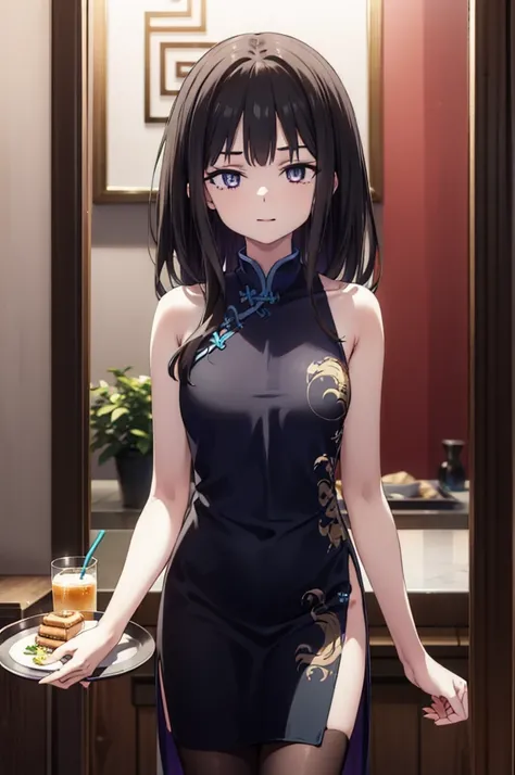 Takiuchi, Check it out, Long Hair, bangs, Black Hair, (Purple eyes:1.2),happy smile, smile, Close your mouth,
Sleeveless blue Chinese dress,Blue long slit,Black pantyhose,Stiletto heels,Glasses,Tables and chairs, food, drink, tray, tray in one hand,whole b...