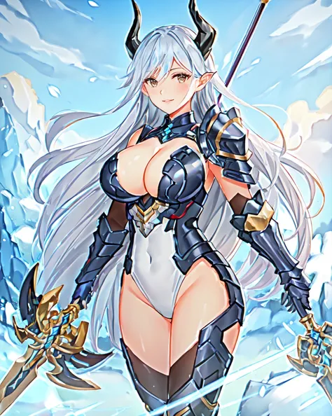 armor, leotard, shoulder armor, cleavage cutout, leotard, breastplate, gauntlet, thig high boots, detachable collar, large breasts, cleavage, long hair, white hair, orange eyes, beautiful, horn on side head, masterpiece, masterwork, super fine illustration...