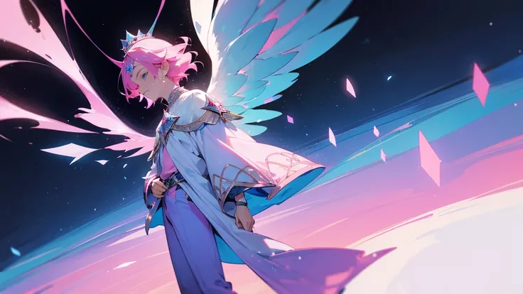 A man with pink hair and blue stars. His face was hopeless and crying. He was tall and thin, wearing a blue and pink divine outfit, blue and pink trousers, and a crown. There are white and black god wings. in mobile phone globe
