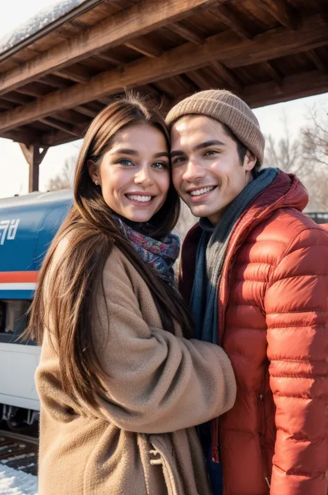 Professional photograph, best quality, 8K, hyper detailed, half body, A close up portrait of two friends posing for the camera, an argentinian male who has dark brown hair and a russian female who has light brown hair, the both of them are wearing winter o...