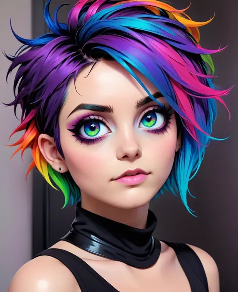 36 year old woman, alone, goth, short messy hair with long sides, short hair, eye shadow, mascara, color: spectrum, vivid colors, rainbow hair, bright rainbow hair, perfect eyes, detailed eyes, small breasts, indoors, long sleeves, very detailed portrait, ...