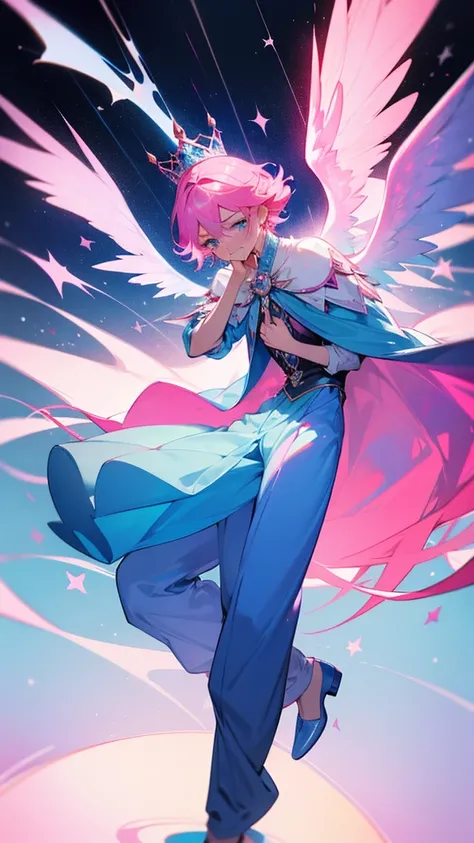 A man with pink hair and blue stars. His face was hopeless and crying. He was tall and thin, wearing a blue and pink divine outfit, blue and pink trousers, and a crown. There are white and black god wings. in mobile phone globe
