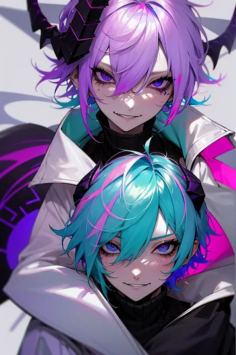 Pale skin, light blue hair, green streaks in hair, pink streaks in hair, purple streaks in hair, black eyes, birthmark on right eye, cute, pretty, umbrella, short hair, messy hair, smirking, smug, pretty, beautiful, white jacket, black turtleneck, male, ev...