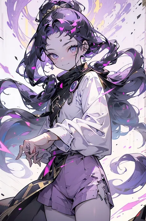 cheerful boy aristocrat open forehead. dark purple hair braided in a ponytail on the left side to one side. sinuous black horns wrapped in dark purple ribbon. pale violet eyes. in short dark purple shorts. long white T-shirt. dark purple knee-high socks. a...