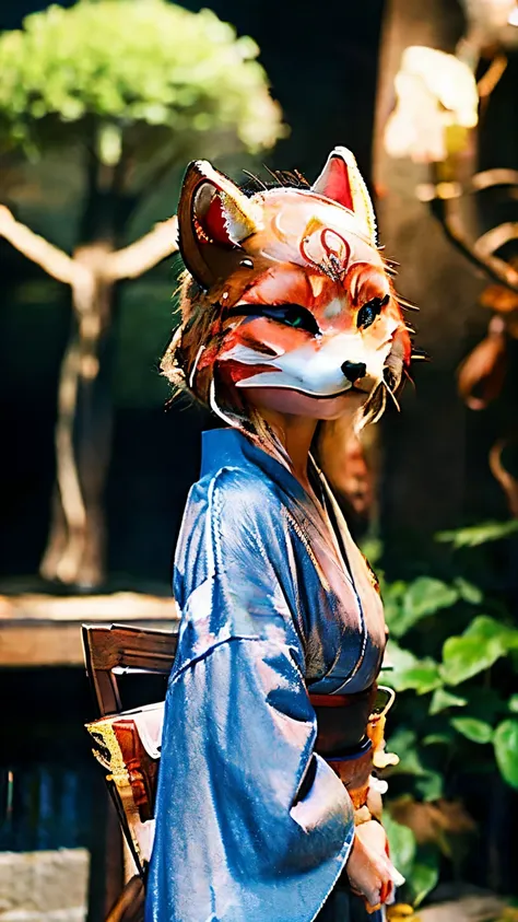 woman、the head of a fox、 the face is like a fox、the body is a kimono、japan、outside、beautiful views