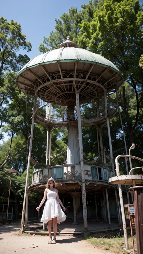 An abandoned amusement park reclaimed by nature, with rusting roller coasters and carousels frozen in time. There is a mysterious figure of a woman dressed in white standing near the abandoned ride. 