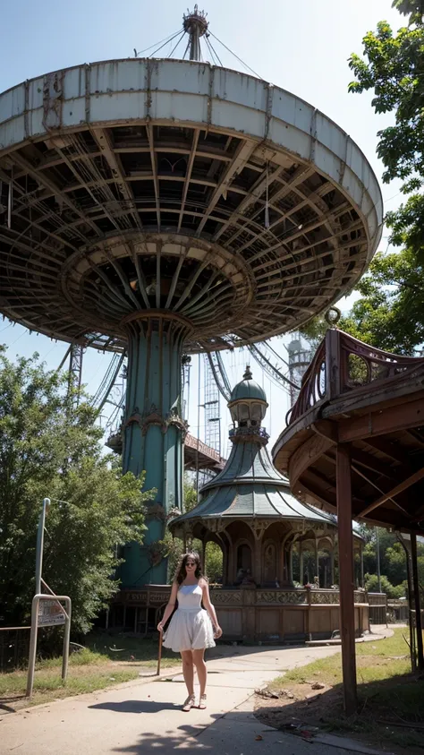 An abandoned amusement park reclaimed by nature, with rusting roller coasters and carousels frozen in time. There is a mysterious figure of a woman dressed in white standing near the abandoned ride. 