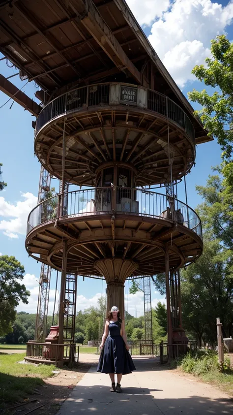 An abandoned amusement park reclaimed by nature, with rusting roller coasters and carousels frozen in time. There is a mysterious figure of a woman dressed in white standing near the abandoned ride. 