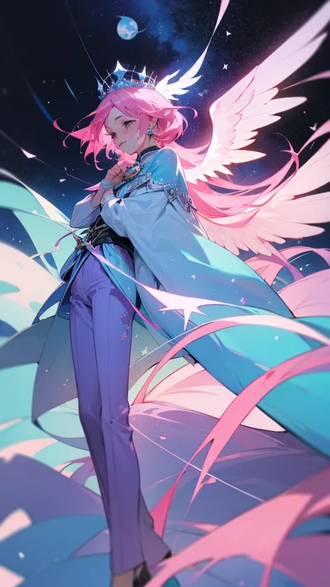 Woman, pink hair, blue stars His face was hopeless and crying. He was tall and thin, wearing a blue and pink divine outfit, blue and pink trousers, and a crown. There are white and black god wings. in mobile phone globe
