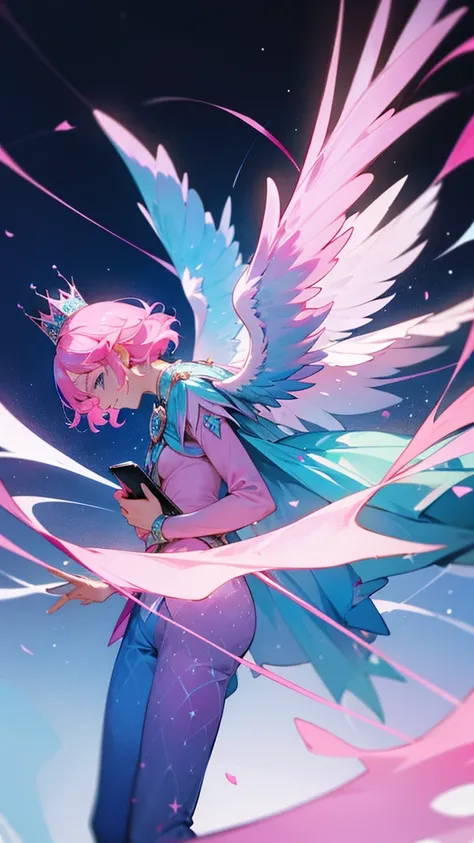 Woman, pink hair, blue stars His face was hopeless and crying. He was tall and thin, wearing a blue and pink divine outfit, blue and pink trousers, and a crown. There are white and black god wings. in mobile phone globe
