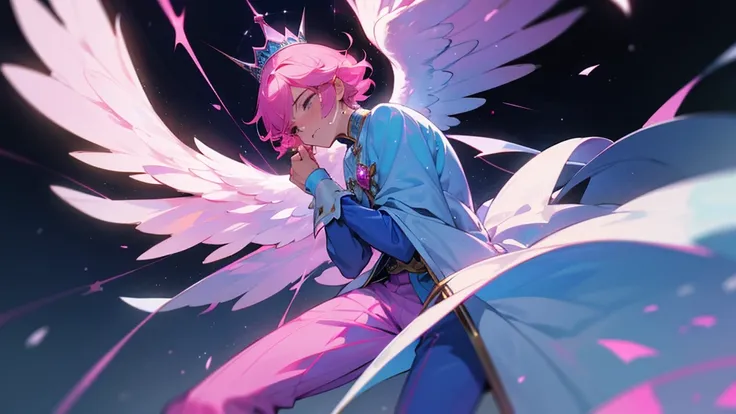 A man with pink hair and blue stars. His face was hopeless and crying. He was tall and thin, wearing a blue and pink divine outfit, blue and pink trousers, and a crown. There are white and black god wings. in mobile phone globe
