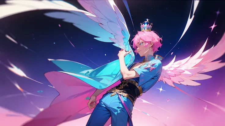 A man with pink hair and blue stars. His face was hopeless and crying. He was tall and thin, wearing a blue and pink divine outfit, blue and pink trousers, and a crown. There are white and black god wings. in mobile phone globe
