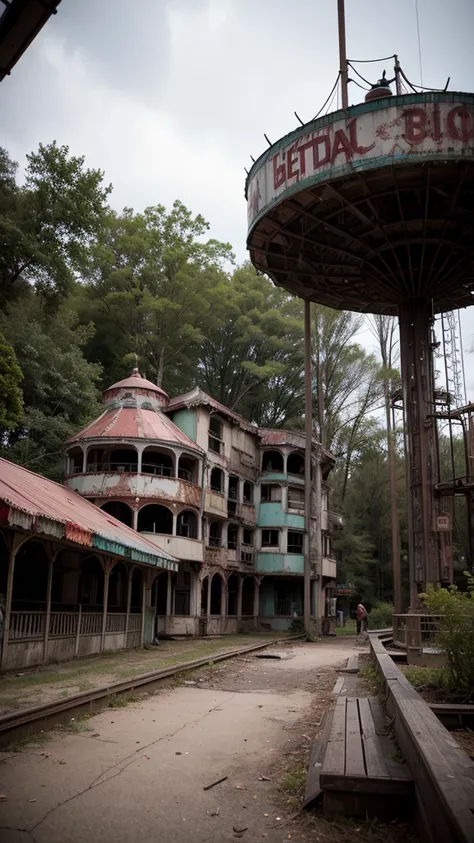 An abandoned amusement park reclaimed by nature, with rusting roller coasters and carousels frozen in time. Zombie