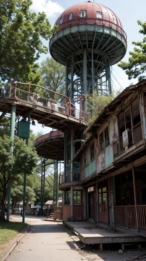 An abandoned amusement park reclaimed by nature, with rusting roller coasters and carousels frozen in time. Zombie