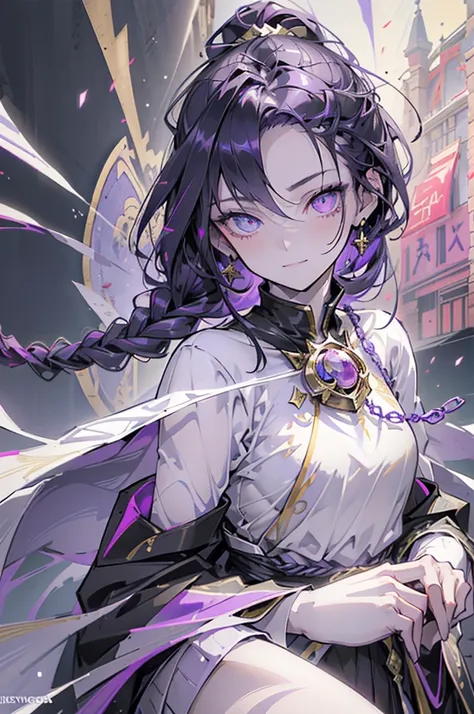 cheerful boy aristocrat open forehead. dark purple hair braided in a ponytail on the left side to one side. sinuous black horns wrapped in dark purple ribbon. pale violet eyes. in short dark purple shorts. long white T-shirt. dark purple knee-high socks. a...