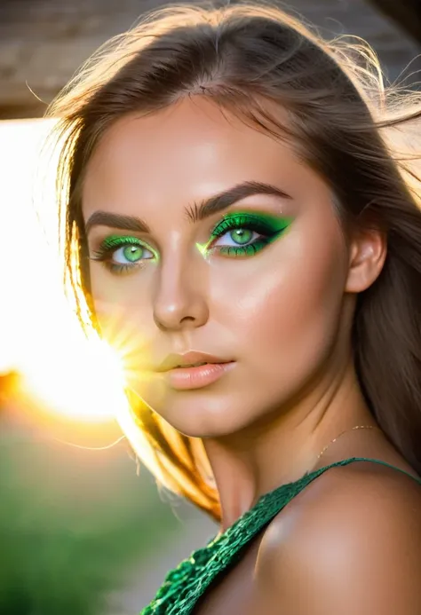 Russian girl with green eyes looking towards the sun