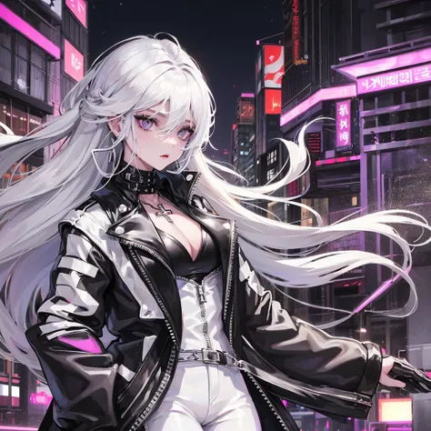 one girl , white haired with long ash hairstyle, cross earrings , cross necklace , Wearing a black leather biker jacket, black leather pants, , , city scenery , cool , Punk , Night Light , High quality, korean face, purple eyes, punk ,street wear, yakuza, ...