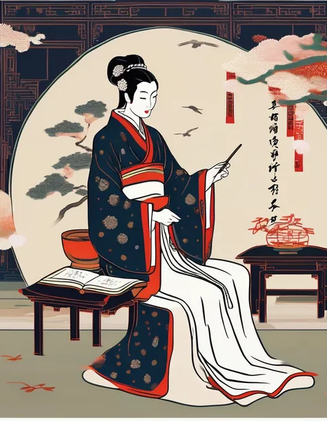 dot art of  an ancient chinese  poet writing a poem in the room,hold a brush in hand，wear white hanfu，ancient chinese literati