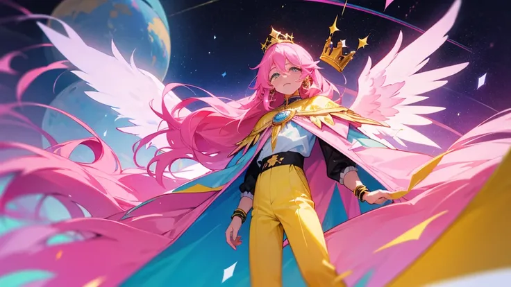 A man with long pink hair and bright blue stars. The face was hopeless and crying. Tall and thin, wearing a yellow and pink divine outfit, yellow and pink trousers and a crown. There are white and black god wings. in mobile phone globe
