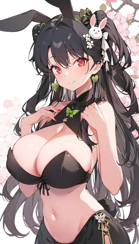 a cartoon character with big boobs in a sexy outfit and black hair, 1girl, breasts, navel, large breasts, animal ears, long hair, black hair, cleavage, looking at viewer, solo, bow, rabbit ears, smile, red eyes, hair ornament