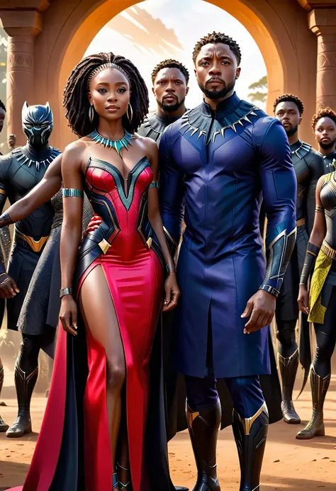 A vivid detailed masterpiece depicting different very beautiful handsome male and female couples of and from Wakanda in striking clear crisp sharper richer brilliant bright vivid details