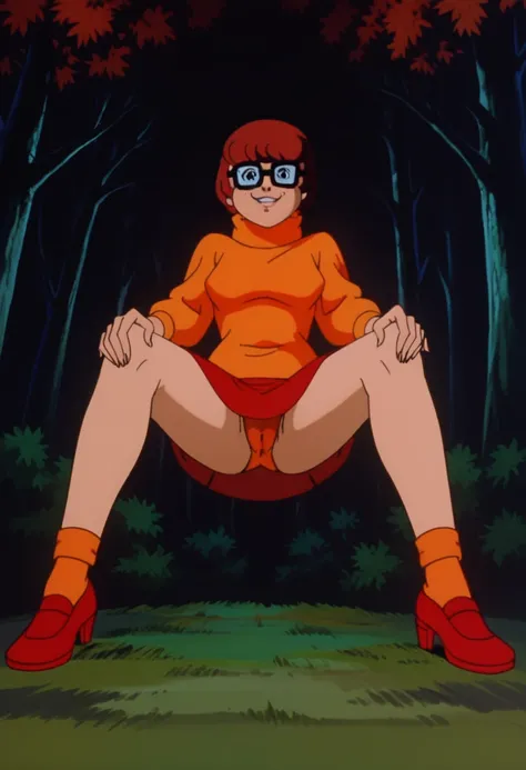 score_9, score_8_up, score_7_up, zPDXL, sd90style, retro artstyle, source_cartoon, 2D, 1girl, velmadinkley , glasses, turtleneck sweater, dark background, forest, looking at viewer, red skirt, orange socks, on grass, smiling, shy, spread legs, Orange panti...