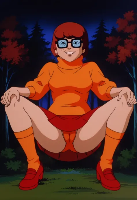 score_9, score_8_up, score_7_up, zPDXL, sd90style, retro artstyle, source_cartoon, 2D, 1girl, velmadinkley , glasses, turtleneck sweater, dark background, forest, looking at viewer, red skirt, orange socks, on grass, smiling, shy, spread legs, Orange panti...