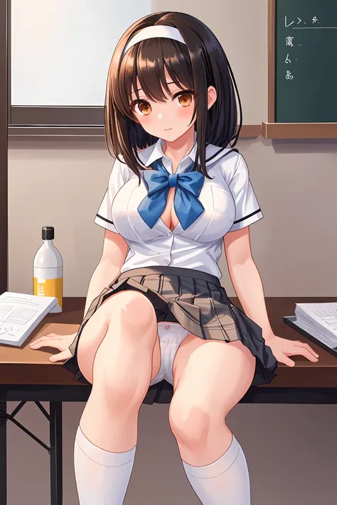 high school girl　uniform　White blouse　Brown checked mini skirt　White Knee Socks　Black Hair　Shortcuts　hair band　Beautiful breasts　White panties　health check