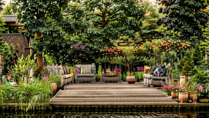 two rectangular koi ponds, in the middle a brick bench and a bridge area, the koi ponds are connected, aerial view, outdoor koi ...