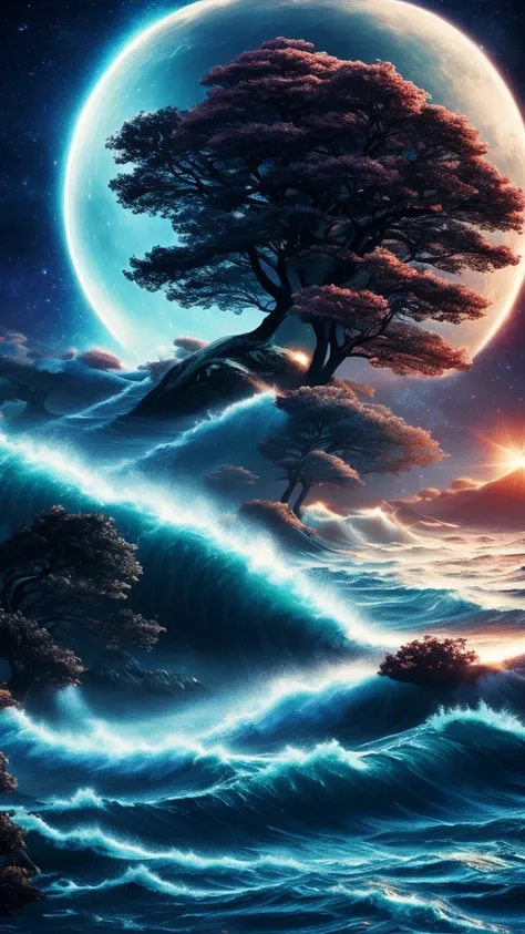 trees, hair, waves, ships, galaxies, trees, surreal image