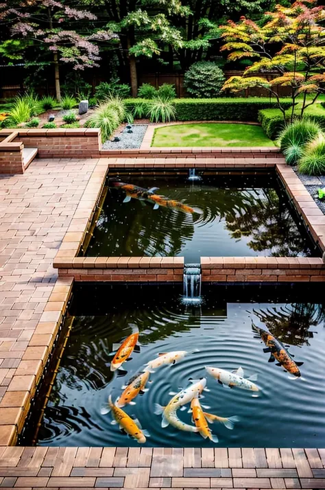 two rectangular koi ponds, in the middle a brick bench and a bridge area, the koi ponds are connected, aerial view, outdoor koi ...