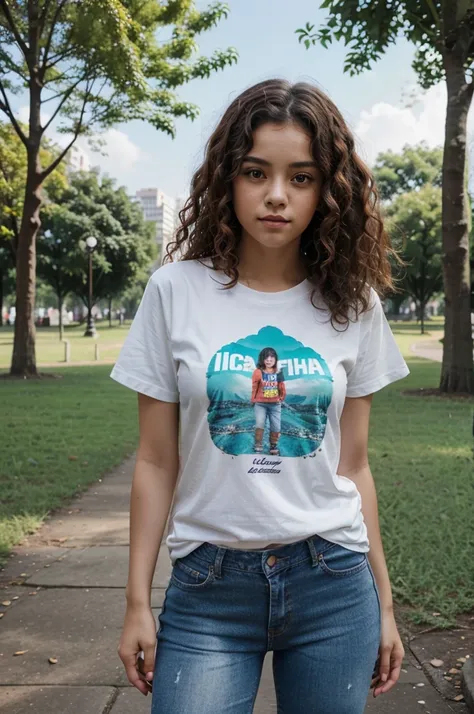 Photo of a girl with curly hair standing in the park wearing a T-shirt that says ICKA SIAHAYA and jeans 