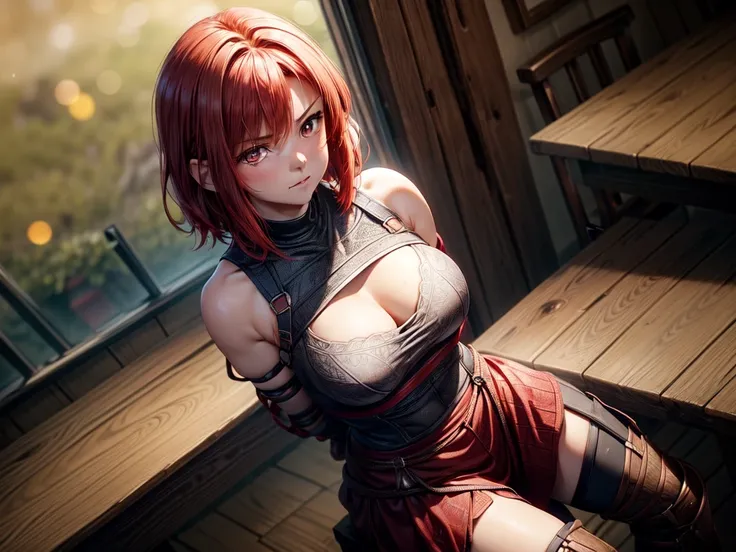 ((1young girl, red hair, short bob, brown eyes)), (best quality), (ultra-detailed), illustration, (detailed light), (an extremely delicate and beautiful), (mortifying:1.2), (angly:1.2) black sexy armor, ((arms is restrained to chair behind back by red rope...